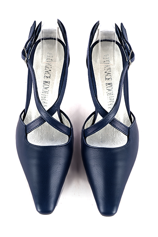 Navy blue women's open side shoes, with crossed straps. Tapered toe. Medium spool heels. Top view - Florence KOOIJMAN